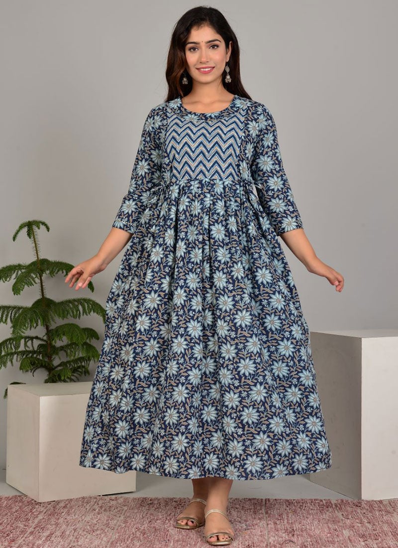 Blue Cotton Printed Dress After Six Wear
