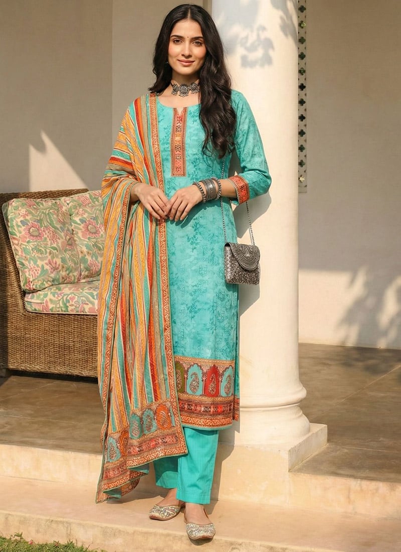 Blue Cotton Printed Embroidered Sequins Straight Pant Suit Festive Wear