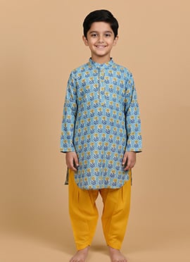 Blue Cotton Printed Kids Boys Kurta Pyjama