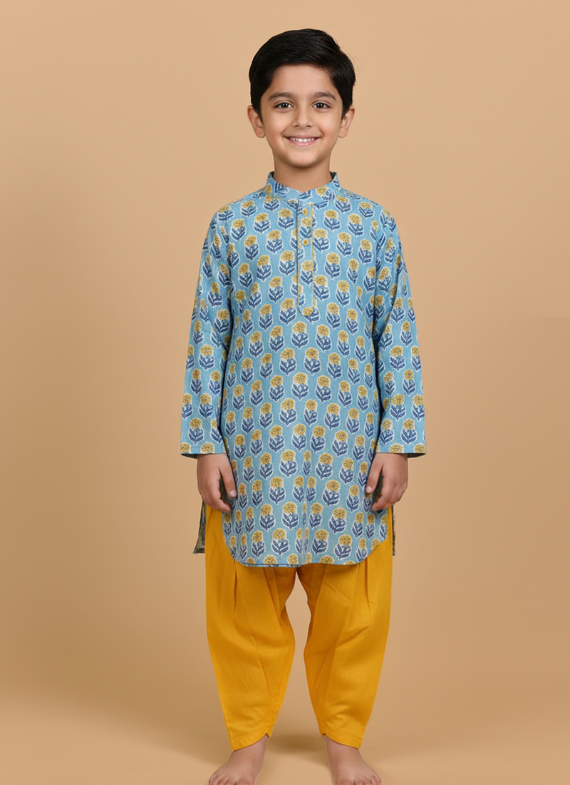 Blue Cotton Printed Kids Boys Kurta Pyjama Festive Wear
