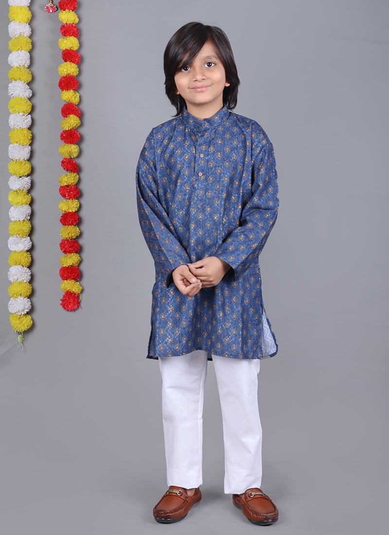 Blue Cotton Printed Kids Boys Kurta Pyjama Festive Wear