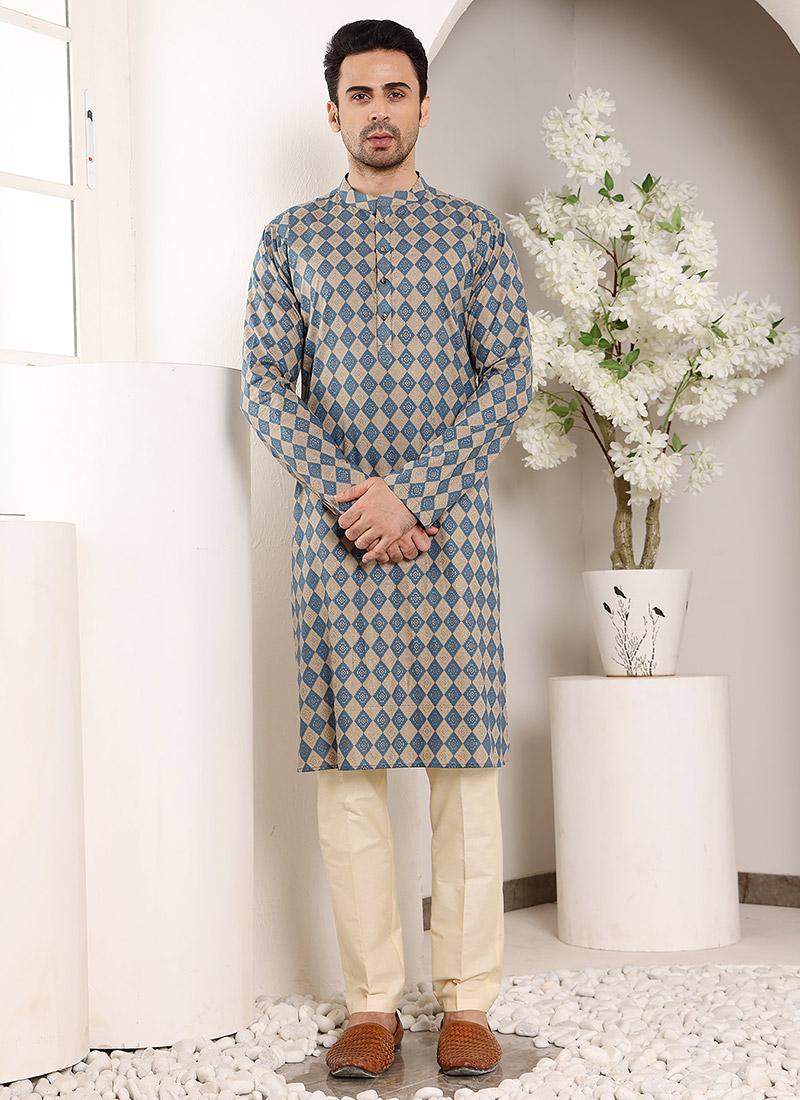 Blue Cotton Printed Kurta For Men