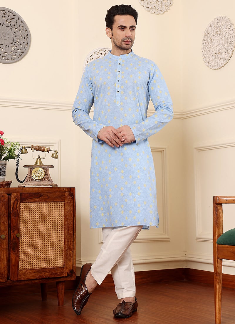 Blue Cotton Printed Kurta For Men
