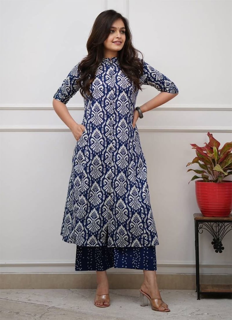 Blue Cotton Printed Kurta Palazzo Set