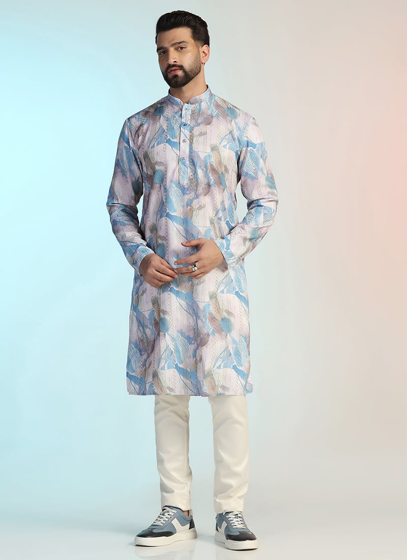Blue Cotton Printed Kurta Pyjama For Men Festive Wear