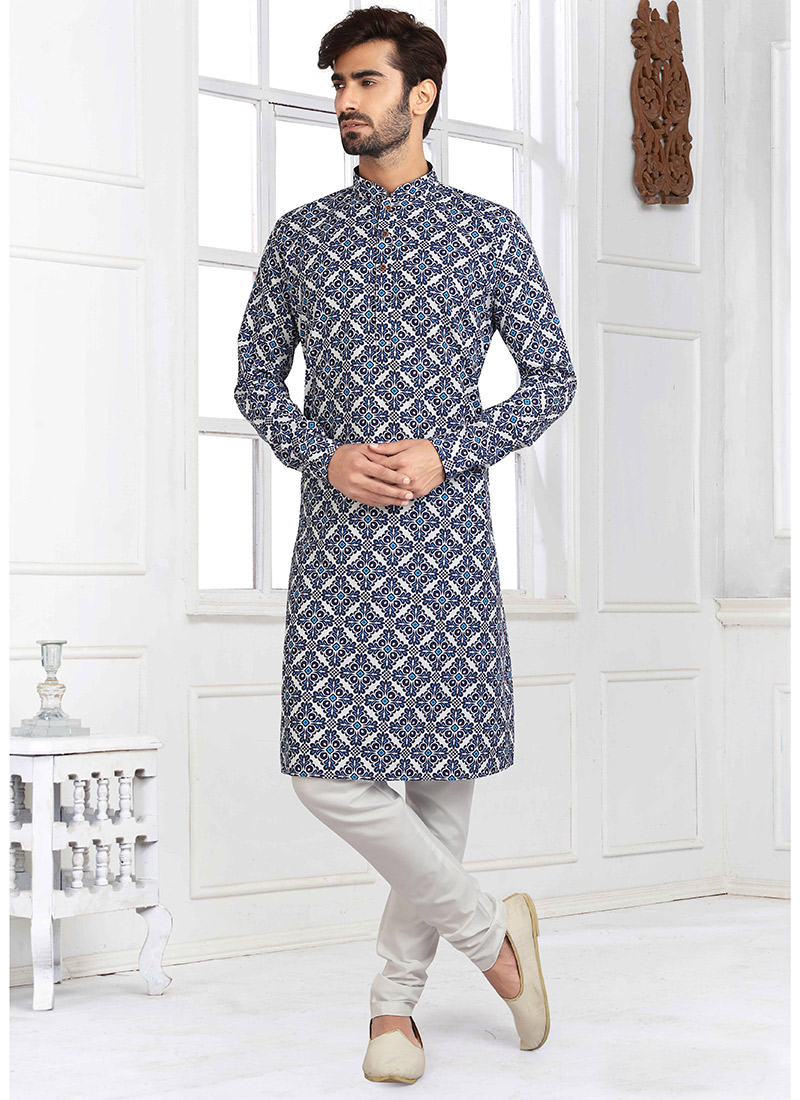 Blue Cotton Printed Kurta Pyjama