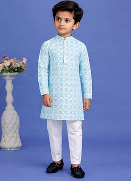 Blue Cotton Printed Kurta Pyjama Set