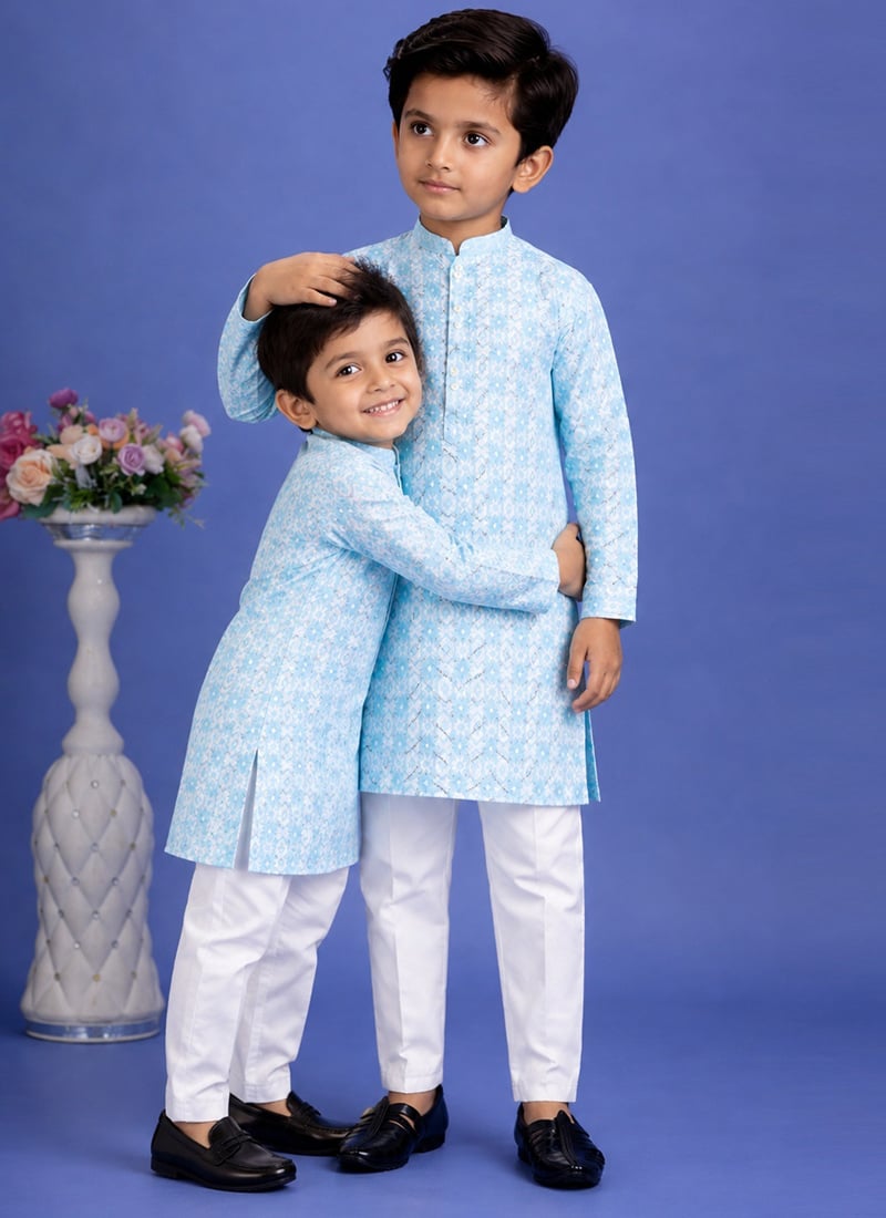 Blue Cotton Printed Kurta Pyjama Set