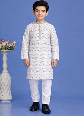 Blue Cotton Printed Kurta Pyjama Set