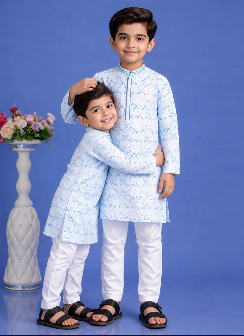 Blue Cotton Printed Kurta Pyjama Set