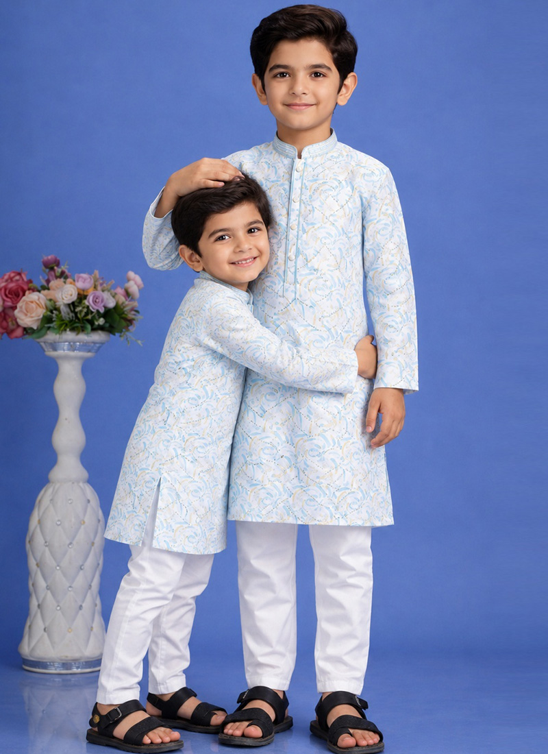 Blue Cotton Printed Kurta Pyjama Set