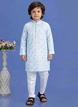 Blue Cotton Printed Kurta Pyjama Set