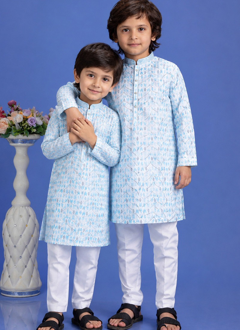 Blue Cotton Printed Kurta Pyjama Set