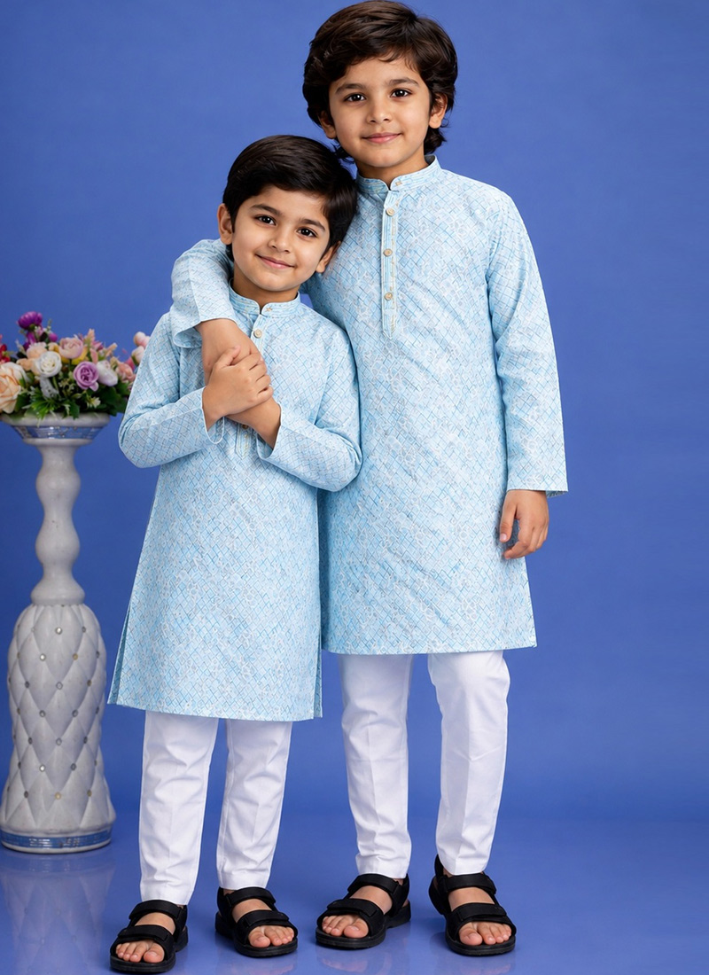 Blue Cotton Printed Kurta Pyjama Set