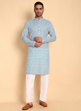Blue Cotton Printed Kurta Pyjama Set