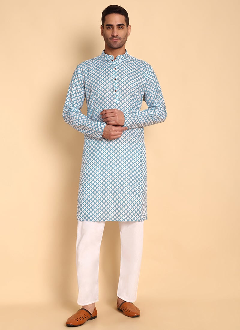 Blue Cotton Printed Kurta Pyjama Set Festive Wear