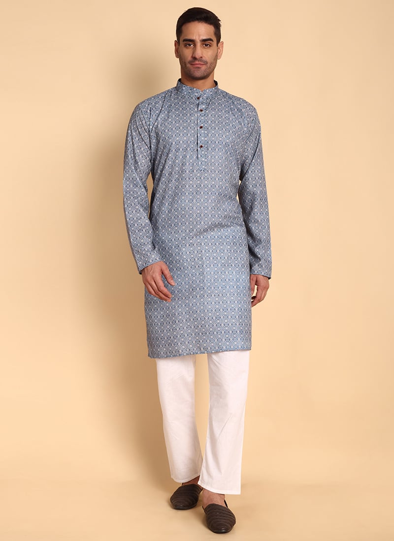 Blue Cotton Printed Kurta Pyjama Set Festive Wear