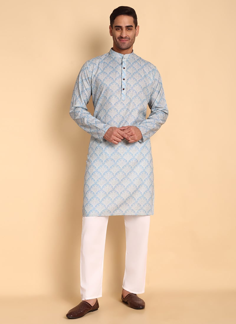 Blue Cotton Printed Kurta Pyjama Set Festive Wear