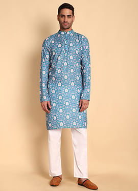 Blue Cotton Printed Kurta Pyjama Set