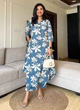 Blue Cotton Printed Kurta Straight Pant Set