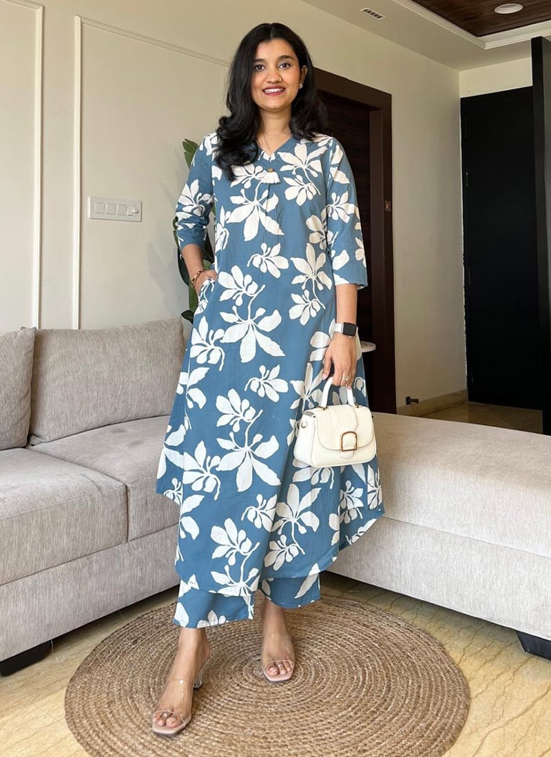 Blue Cotton Printed Kurta Straight Pant Set After Six Wear