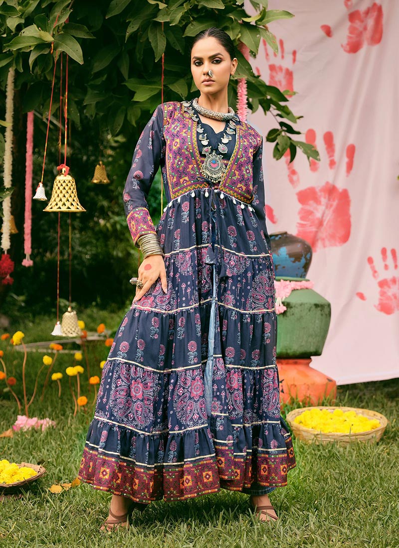 Blue Cotton Printed Kutch Work Indowestern Jacket Set  Festive Wear