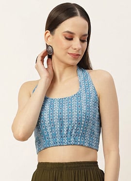 Blue Cotton Printed Regal Halter Neck Blouse