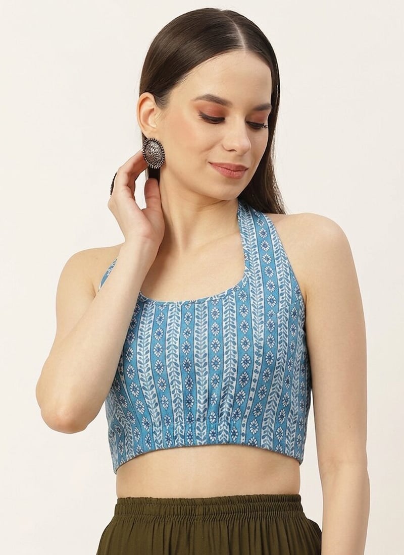 Blue Cotton Printed Regal Halter Neck Blouse Work Wear