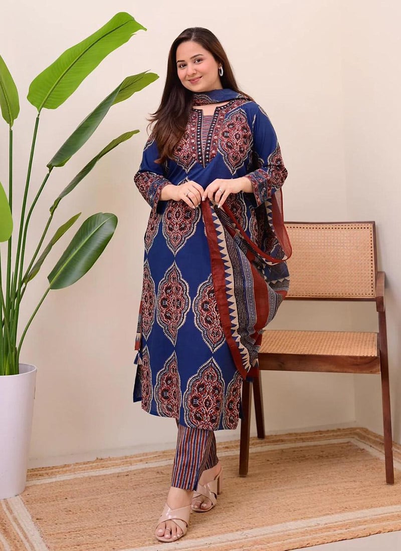 Blue Cotton Printed Straight Pant Suit After Six Wear