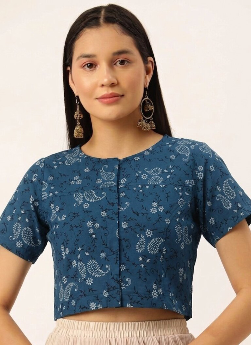 Blue Cotton Printed Stylish Blouse After Six Wear