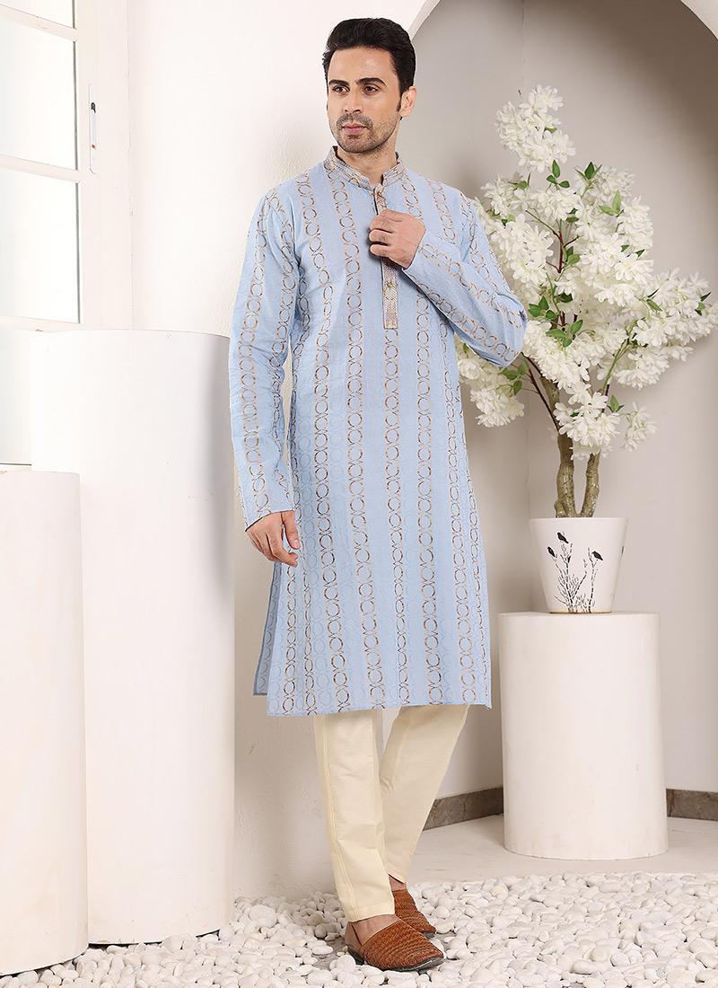 Blue Cotton Printed Traditional Kurta For Men