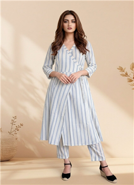 Blue Cotton Printed Wrap Style Kurta Pant Set with