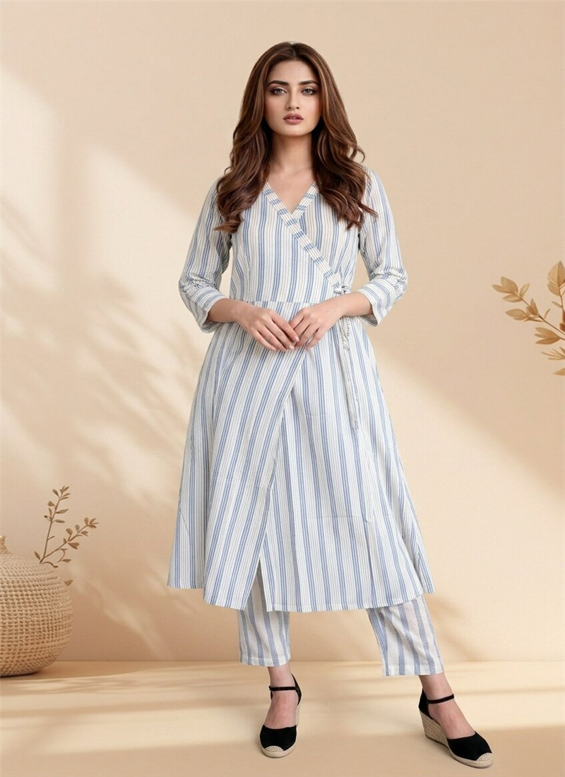 Blue Cotton Printed Wrap Style Kurta Pant Set with After Six Wear