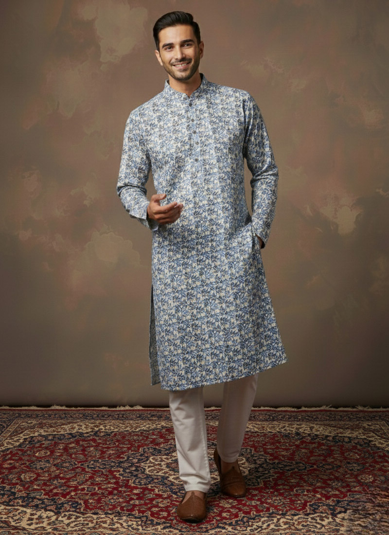 Blue Cotton Sequins Kurta Pyjama Festive Wear
