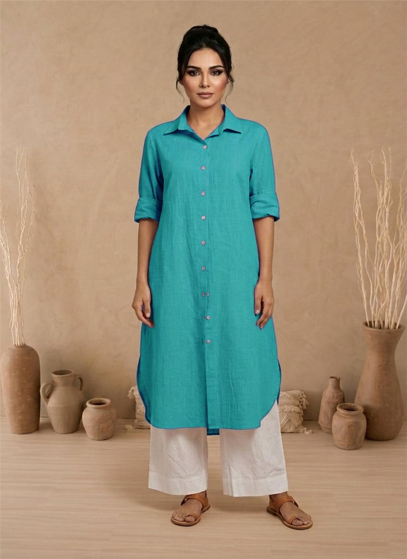 Blue Cotton Shirt Kurta With White Palazzo Set After Six Wear
