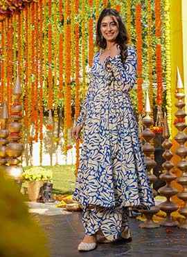 Blue Cotton Silk Digital Print Kurta Palazzo Set