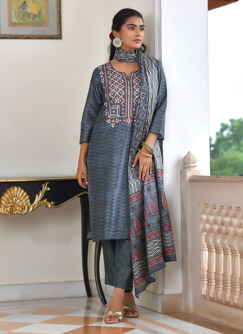 Blue Cotton Silk Embroidered And Printed Straight Pant Suit After Six Wear