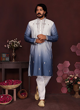 Blue Cotton Silk Embroidered Sequins Kurta Pyjama Set