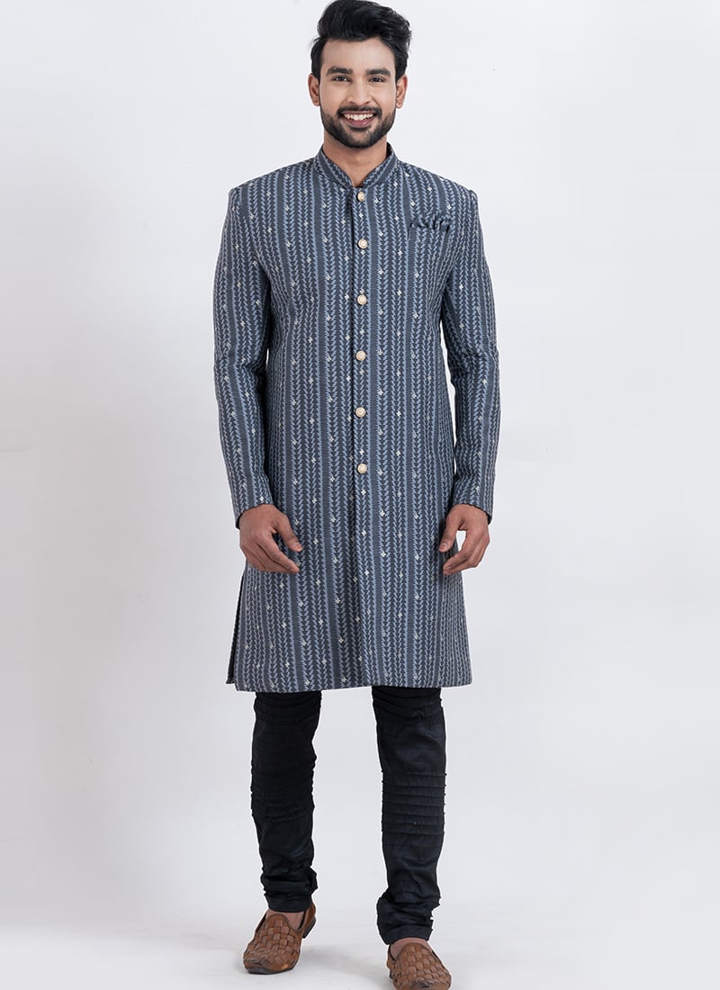 Blue Cotton Silk Jacquard Classic Sherwani Wedding Wear