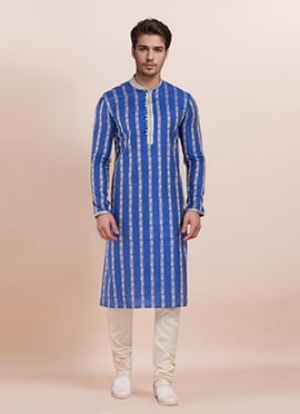 Blue Cotton Silk Jacquard Kurta Pyjama