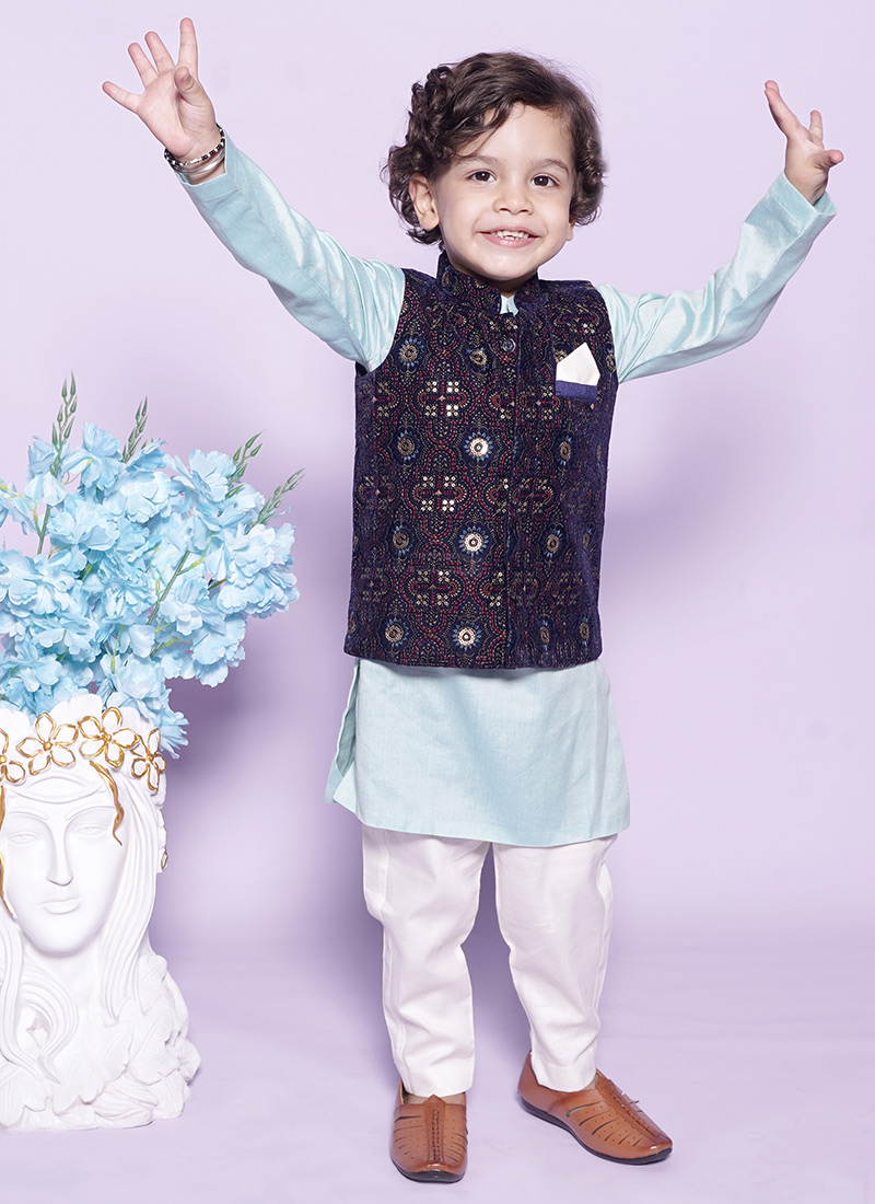 Blue Cotton Silk Kids Stylish Embroidered Bandi Set For Boys