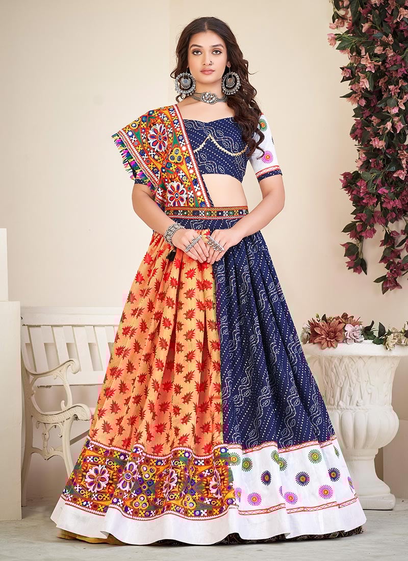 Blue Cotton Silk Kutch And Mirror Work With Bandhini Print Chaniya Choli Festive Wear