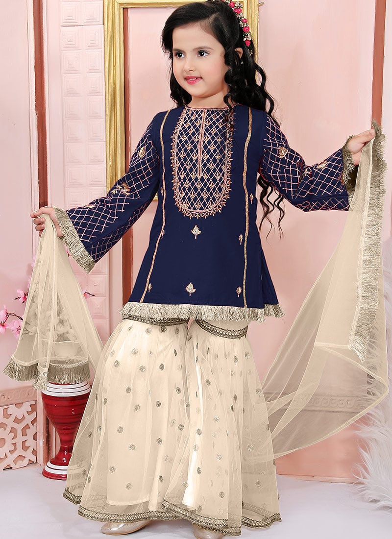 Blue Cotton Silk Zari Embroidered Kids Girls Sharara Suit
