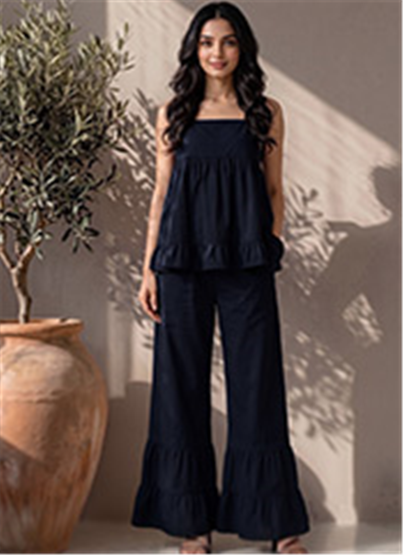 Blue Cotton Sleeveless Ruffle Hem Co Ord Set After Six Wear