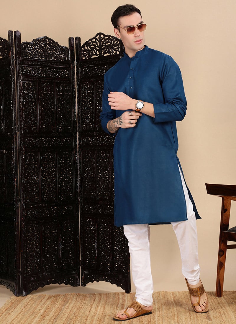 Blue Cotton Solid Kurta