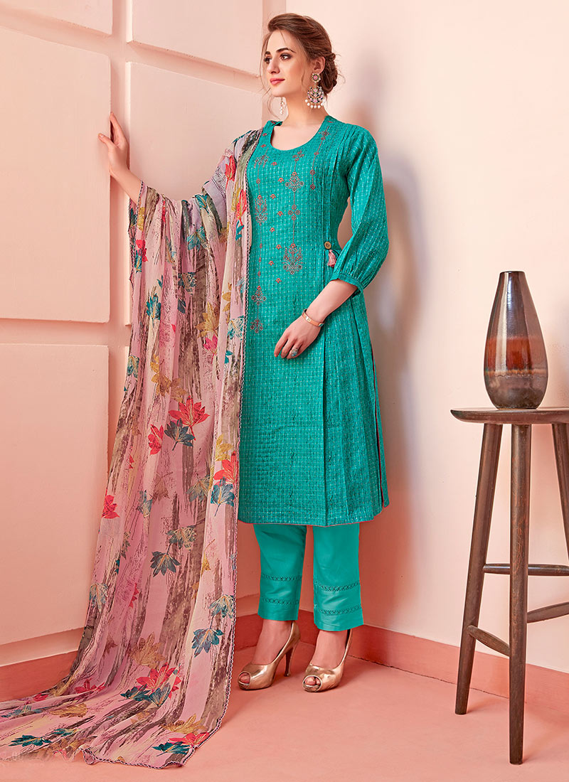 Buy Blue Cotton Straight Pant Suit, Embroidered, straight pant suit