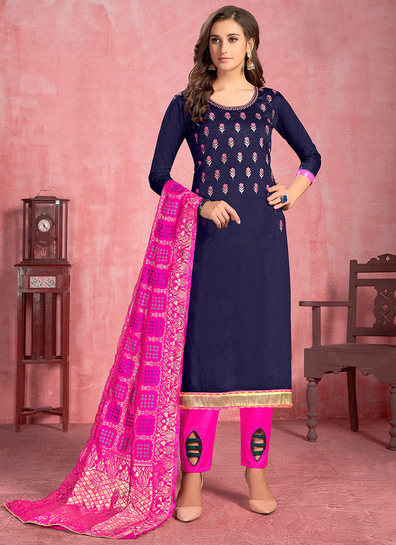 Buy Blue Cotton Straight Pant Suit Work Wear, Embroidered, straight