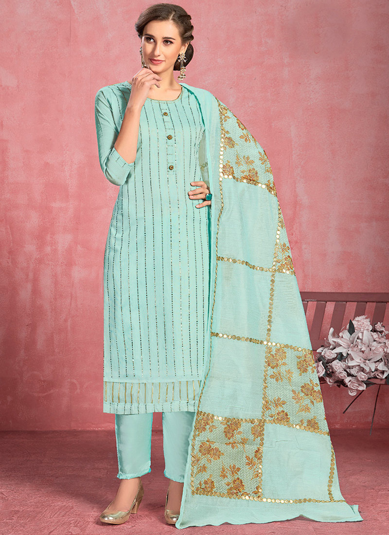 Buy Blue Cotton Straight Pant Suit, Embroidered, straight pant suit