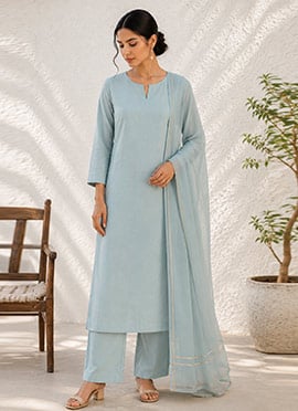 Blue Cotton Straight Suit