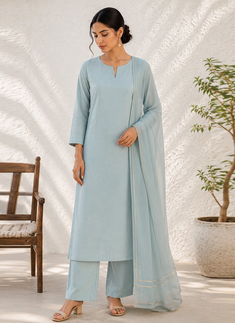 Blue Cotton Straight Suit After Six Wear